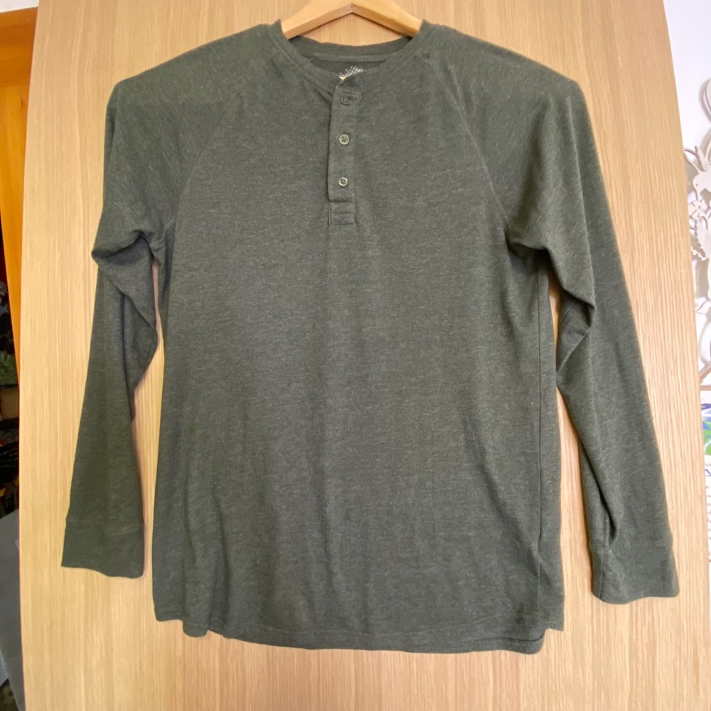Fission Mens Large Henley Shirt Olive Green‎ Long Sleeve Raglan Cotton Blend